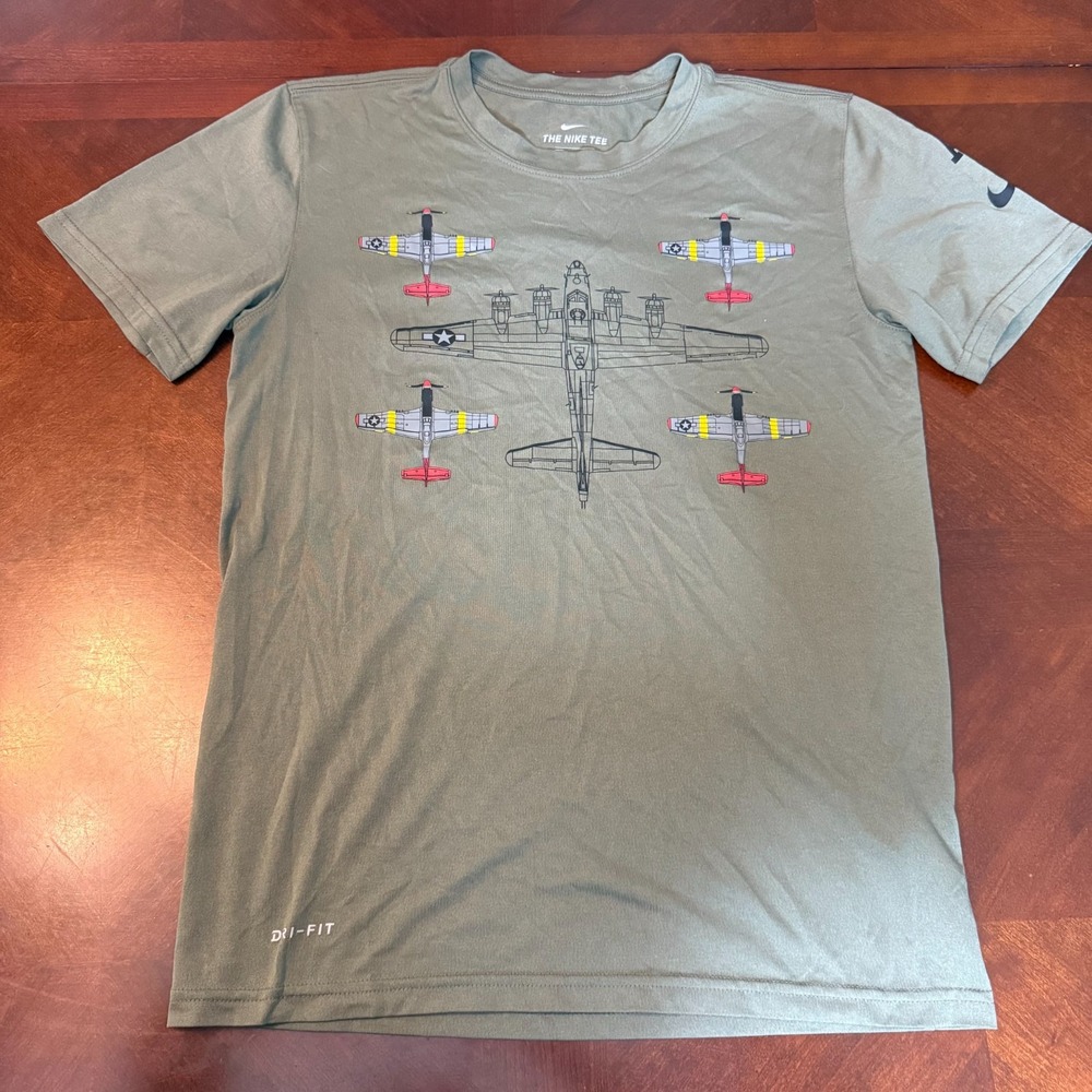 Nike Dri-Fit T-Shirt Small Green Military Airplane Graphic We Fight Athletic